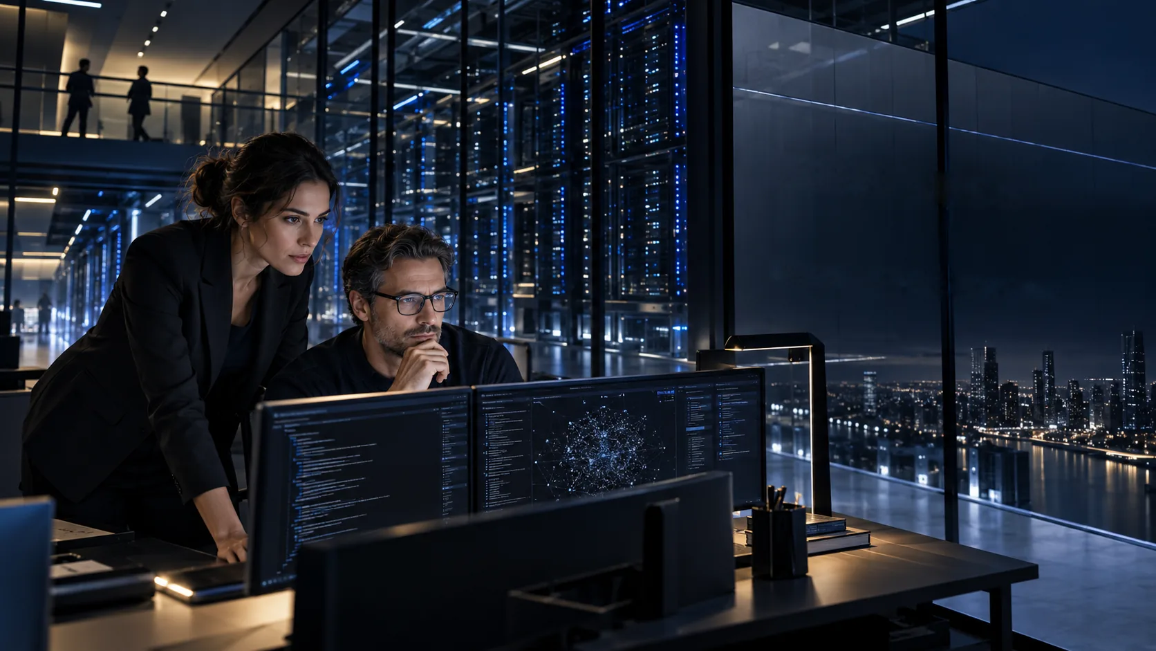 Two professionals analyse network data on their screens in a data centre overlooking a city at night.