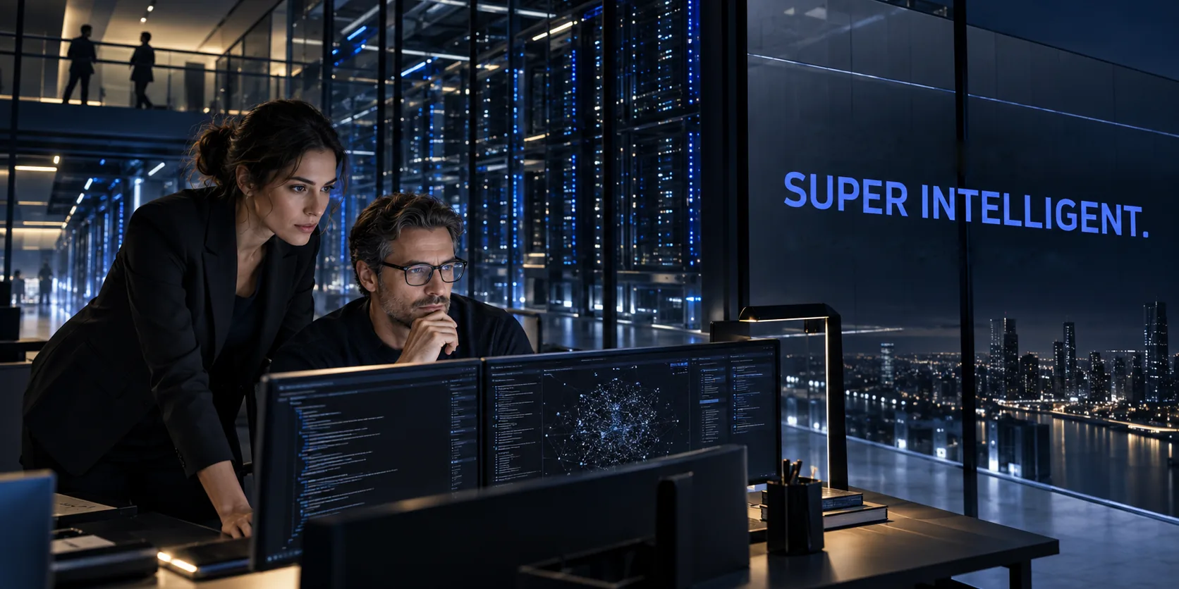 Two professionals study network data in a data centre overlooking a city at night; the words Super Intelligent appear on the glass wall.