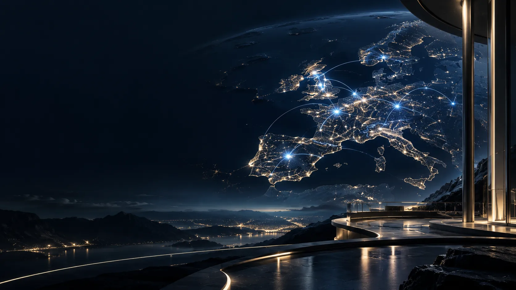 Europe at night seen from space, its cities lit and linked by arcs of light.